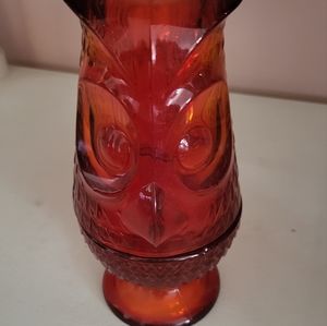 Viking Fairy Lamp / Owl design/ Red Glass Candle Holder/Vintage/mid century